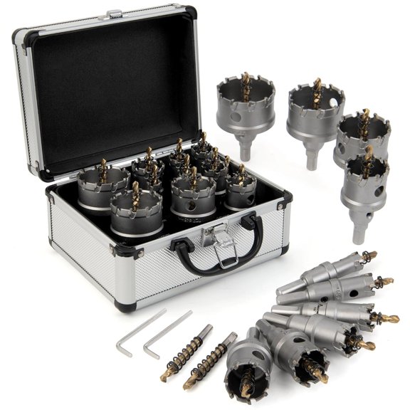 16PCS TCT Hole Saw Kit for Hard Metal, 5/8"-2-1/8" Carbide Tungsten Carbide Tipped Hole Saw Set, Heavy Duty Hole Cutter Set for Cutting Stainless Steel, Iron, Copper, Aluminum, Sheet Metal