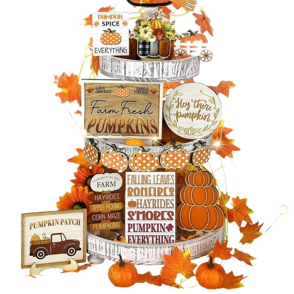 16PCS Thanksgiving Wooden Tiered Tray Decor Set, Farmhouse Pumpkin Truck Signs for Thanksgiving Decorations, Rustic Fall Decorations Tiered Tray Display