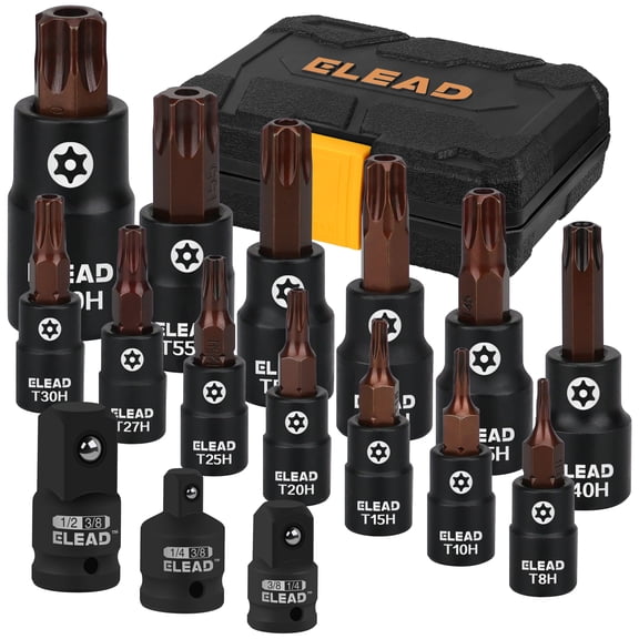 16PCS Torx Star Bit Socket Set, S2 Steel T8-T60 European Style Star Sockets with 1/4" 3/8" 1/2" Drive Adapters for Auto Repair Mechanics
