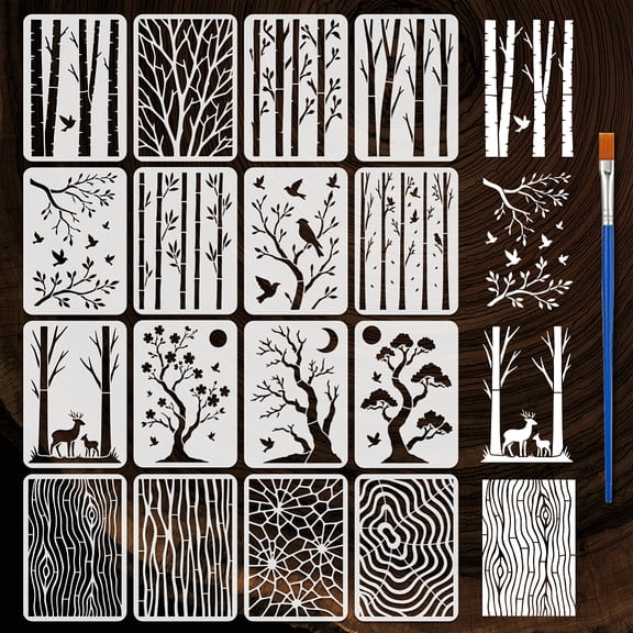 16PCS Tree Plants Stencils With 1Pc Brush 8.3x11.7inch Trees Branches Stencils Tree Textures Stencil Plant Theme Patterns Template