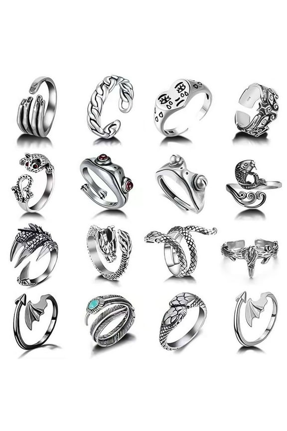 16PCS Vintage Knuckle Rings Set,Kucheed Cute Frog Snake Cate Dragon Crying Face Joint Stacking Finger Rings,Punk Bohemian Retro Fun Animal Adjustable Open Ring,Fashion Jewelry Gift for Women Men