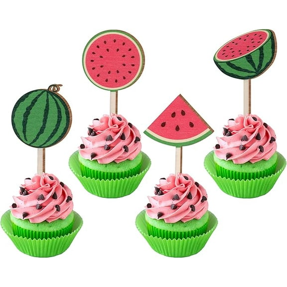 16PCS Watermelon Cupcake Toppers Wooden for Watermelon Birthday Baby Shower Decorations Summer Fruit Birthday Party Supplies
