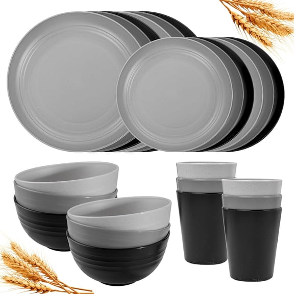 16PCS Wheat Straw Dinnerware Sets for 4, Unbreakable Plastic Dinnerware Microwave Safe Dishes Set, Wheat Straw Plates and Bowls Sets for Kitchen & Camping