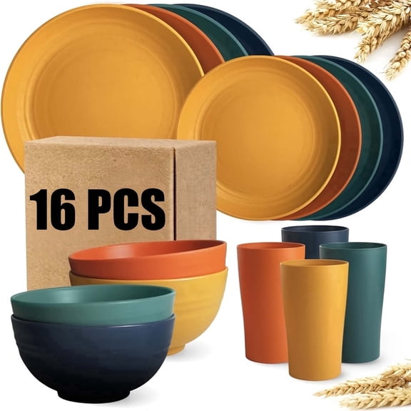 16PCS Wheat Straw Dinnerware Sets,,Kitchen Plates and Bowls Set Unbreakable Modern Plate/Dessert Plate/Cereal Bowl/Cup,Service for 4,Multicolor