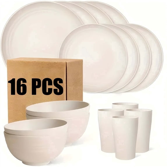 16PCS Wheat Straw Dinnerware Sets,,Kitchen Plates and Bowls Set Unbreakable Modern Plate/Dessert Plate/Cereal Bowl/Cup,Service for 4,Beige