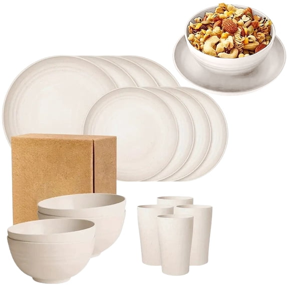 16PCS Wheat Straw Large Size Dinnerware Set, Service for 4, Lightweight Kitchen Accessories, Unbreakable Modern Dish Set-Plate/Dessert Plate/Bowl/Cup, Dishwasher Safe, Best Gifts (Beige)