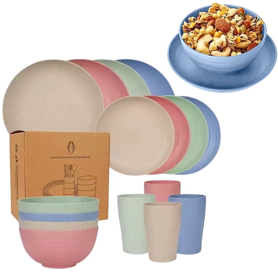 16PCS Wheat Straw Large Size Dinnerware Set, Service for 4, Lightweight Kitchen Accessories, Unbreakable Modern Dish Set-Plate/Dessert Plate/Bowl/Cup, Dishwasher Safe, Best Gifts (Light Blue)