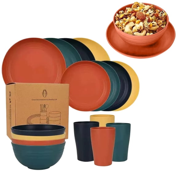 16PCS Wheat Straw Large Size Dinnerware Set, Service for 4, Lightweight Kitchen Accessories, Unbreakable Modern Dish Set-Plate/Dessert Plate/Bowl/Cup, Dishwasher Safe, Best Gifts (Orange)