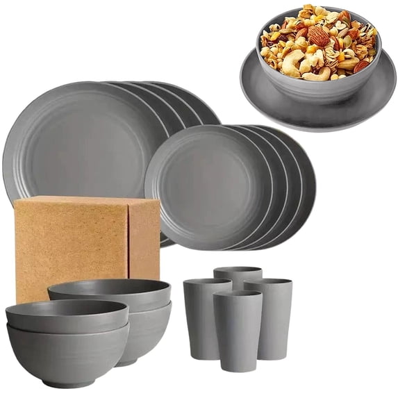 16PCS Wheat Straw Large Size Dinnerware Set, Service for 4, Lightweight Kitchen Accessories, Unbreakable Modern Dish Set-Plate/Dessert Plate/Bowl/Cup, Dishwasher Safe, Best Gifts (Gray)