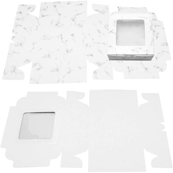 16PCS White Gift Box 16cm(6.3”) Folded Kraft Paper Favor Boxes Marble Texture Pattern with Window Cardboard Jewelry Boxes for Anniversaries Weddings Birthdays for DIY