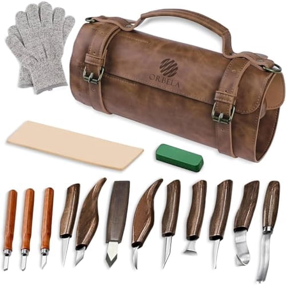 16PCS Wood Carving Tools Set Heavy Duty with Leather Roll Bag - Complete Wood Carving Kit for Beginners & Experts, Whittling Knives, Wood Carving Chisels, Sharpening Strop, Gloves Woodworking