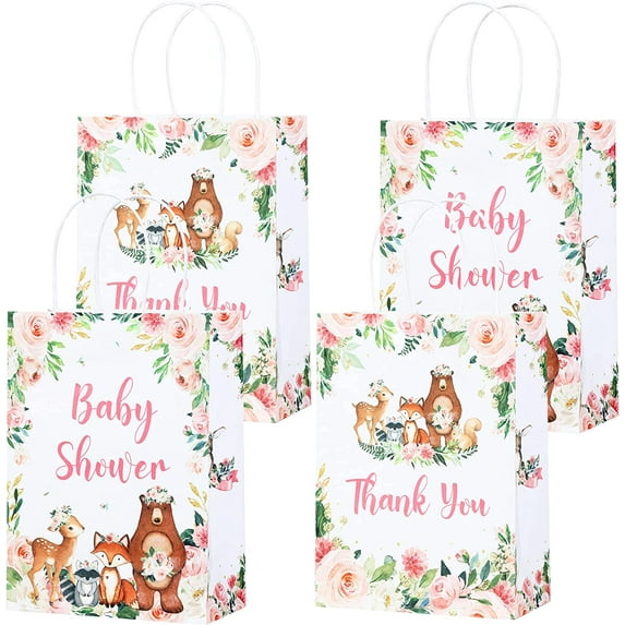 16PCS Woodland Baby Shower Gift Bags, Woodland Animal Theme Baby Shower Decorations, Bear, Fox Thank You Return Gift Paper Bags with Handles for Woodland Birthday Party Favors Supplies