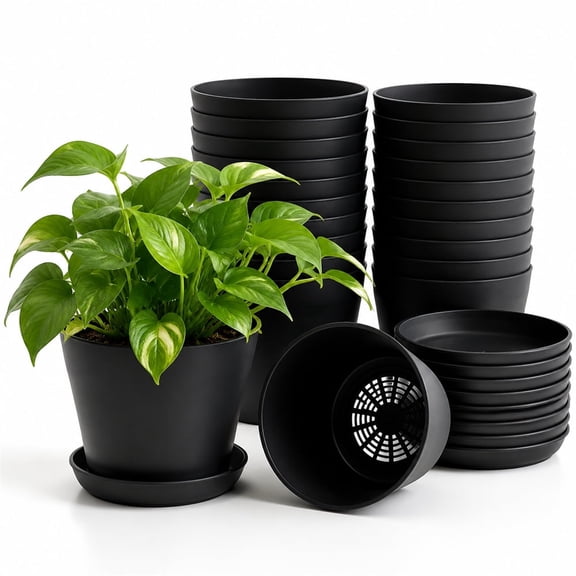 16Pcs Black Plants Flower Pots with Drainage Holes and Saucers 5.5 inch Durable Nursery Pot Plastic Planters Reusable Decorative Gardening Pot for Home Office Desk Shelf Decor