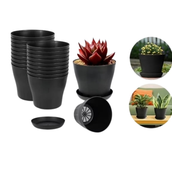 Triani 16Pack Mini Flower Planter Pots,HXRH Plastic Planters with Drainage Holes and Saucers for Indoor Seedlings,Succulents and Small Plants,5.5In Black