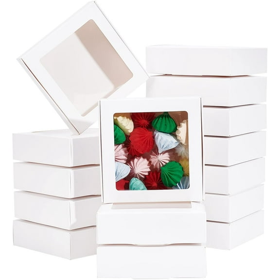 16Packs 4.2x4.2x1.2inch Clear PVC Square Window Gift Boxes White Kraft Paper Present Packing Boxes for DIY