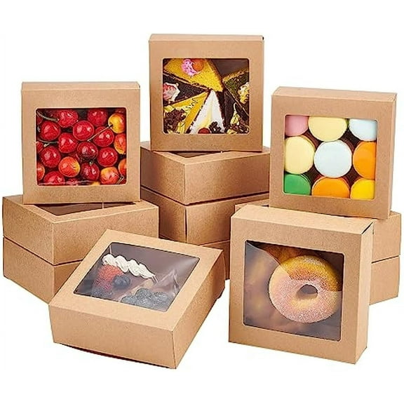 16Packs 5.5x5.5x2inch Clear PVC Square Window Gift Boxes Brown Kraft Paper Present Boxes