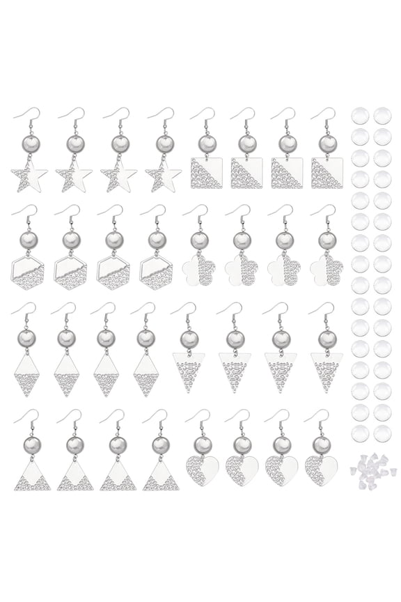 16Pairs 8Styles Earrings Wire Hooks Blanks DIY Earring Making Kits Including Transparent Glass Cabochons and Plastic Ear Nuts