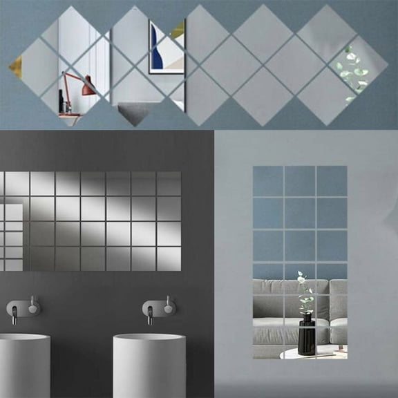 16Pc 15Cm Square Mirror Stickers Self-Adhesive Acrylic Mirror Tiles Decal Diy Silver Mosaic Bathroom Living Room Mirror Decal