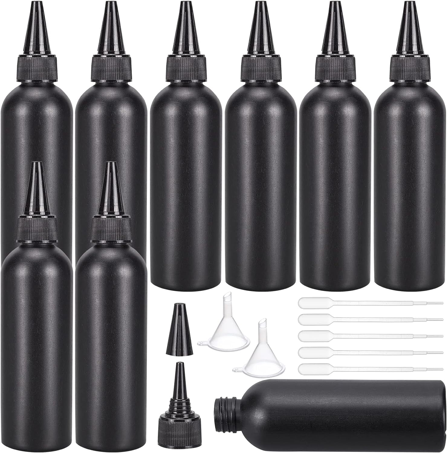 16Pcs 120ml/4.06oz Black Plastic Squeeze Bottles Squeeze Condiment Bottles with 2Pcs Funnels and 10Pcs Transfer Pipettes for Ink Tattoo Liquid Painting Glue Mixed Color