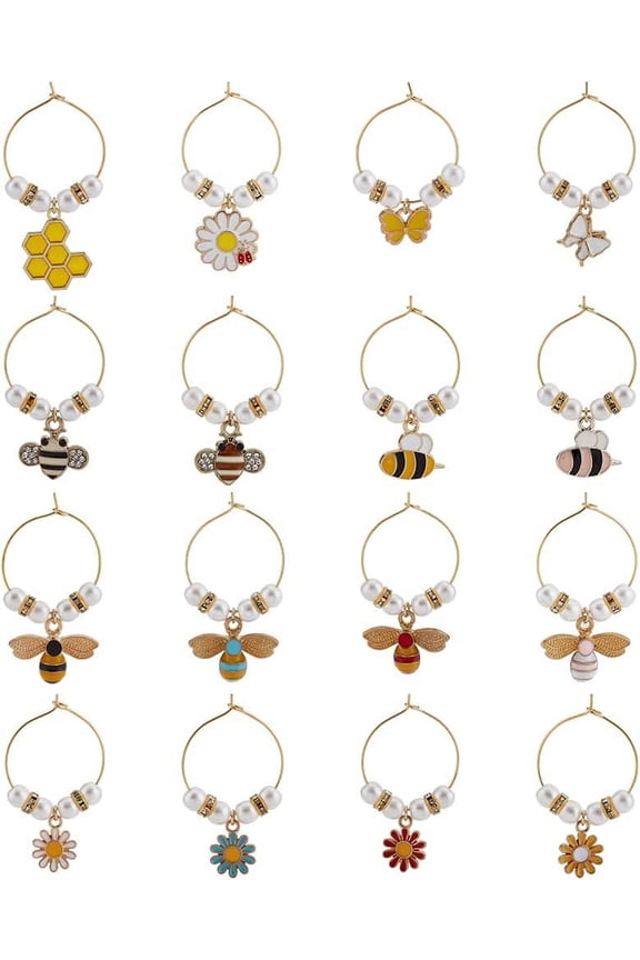 16Pcs 16 Style Bees Flower Theme Alloy Enamel Wine Glass Charms Goblet Marker with Brass Wine Glass Charm Rings Golden 38~48mm 1pc/style DIY