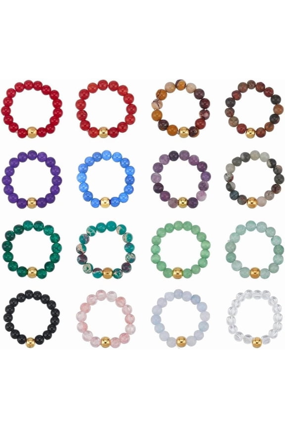 16Pcs 16 Style Mixed Round Beaded Stretch Rings Set for Women Size 7 1/4(17.5mm) 1Pc/style