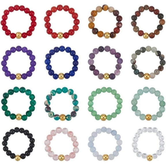 16Pcs 16 Style Natural & Synthetic Mixed Gemstone Round Beaded Stretch Rings Set for Women US Size 7 1/4(17.5mm) 1Pc/style