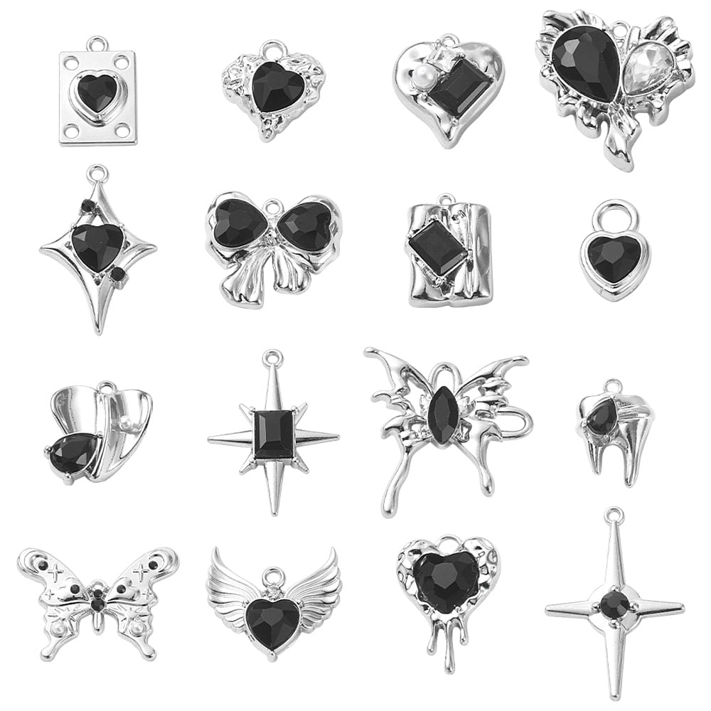 16Pcs 16 Style Rack Plating Alloy with Black Glass Pendants with ABS ...