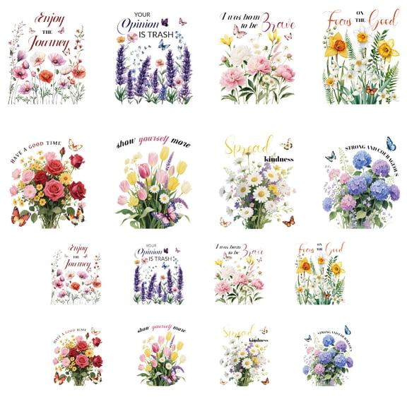 16Pcs 16 Styles Plastic Heat Transfer Film Logo Stickers Set for DIY T-Shirt Flower 80~220x65~180mm 1pc/style for DIY