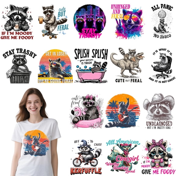 16Pcs 16 Styles Plastic Heat Transfer Film Logo Stickers Set for DIY T-Shirt Raccoon 175~200x192~200mm 1pc/style