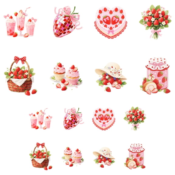 16Pcs 16 Styles Plastic Heat Transfer Film Logo Stickers Set for DIY T-Shirt Strawberry 80~220x65~180mm 1pc/style diy