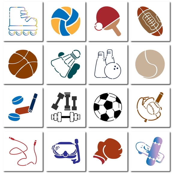 16Pcs 16 Styles Sport Ball Theme PET Plastic Hollow Out Drawing Painting Stencils Templates Square Sports 150x150mm 1pc/style diy