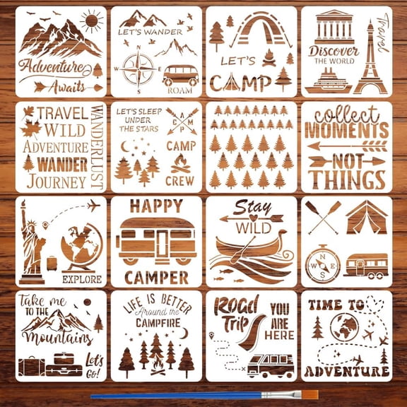 16Pcs 16 Styles Travel Theme PET Hollow Out Drawing Painting Stencils for DIY Scrapbook Photo Album Mixed Shapes 300x300mm 1pc/style for Handmade