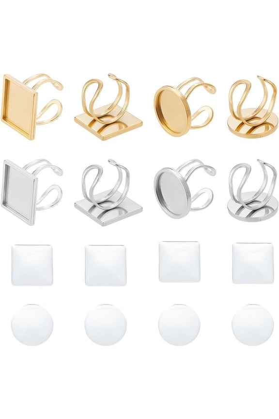 16Pcs 2 Colors 304 Stainless Steel Cuff Pad Ring Settings Square and Flat Round Tray Cuff Finger Rings Stainless Steel Bezel Rings with Transparent Glass Cabochons for DIY Ring Jewelry colorful