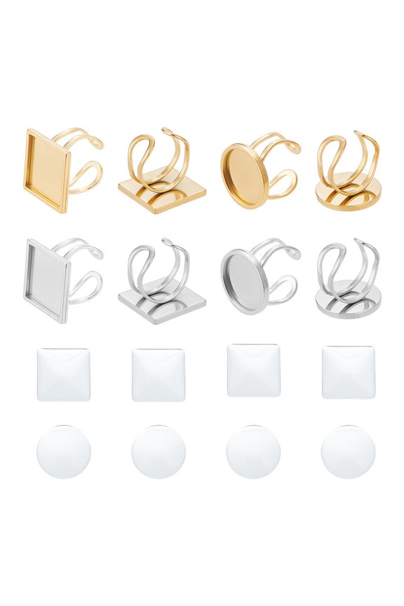 16Pcs 2 Colors 304 Stainless Steel Cuff Pad Ring Settings Square and Flat Round Tray Cuff Finger Rings Stainless Steel Bezel Rings with Transparent