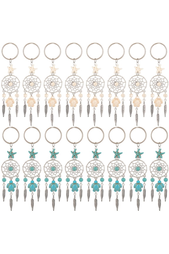 16Pcs 2 Colors Alloy Woven Net/Web with Feather Pendant Keychain with Sea Turtle Turquoise and Iron Split Key Rings Mixed Color