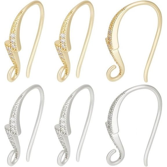 16Pcs 2 Colors Brass Micro Pave Clear Cubic Zirconia Earring Hooks with Horizontal Loops Lightning Bolt Mixed Color 15.5~20x3.5mm Hole: 1.8mm Pin: 0.8mm 8Pcs/color