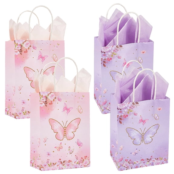 16Pcs 2 Colors Butterfly Print Paper Packaging Bags with 16Pcs 2 Colors Gift Wrapping Paper Rectangle Mixed Color 8x15x20.7cm