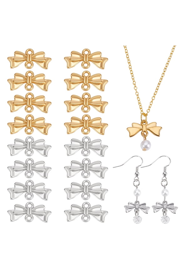 16Pcs 2 Colors Connector Charms 304 Stainless Steel Bowknot Connectors Metal Double Loops Bulk Bows Link Charms for Necklace Bracelet Jewelry Making