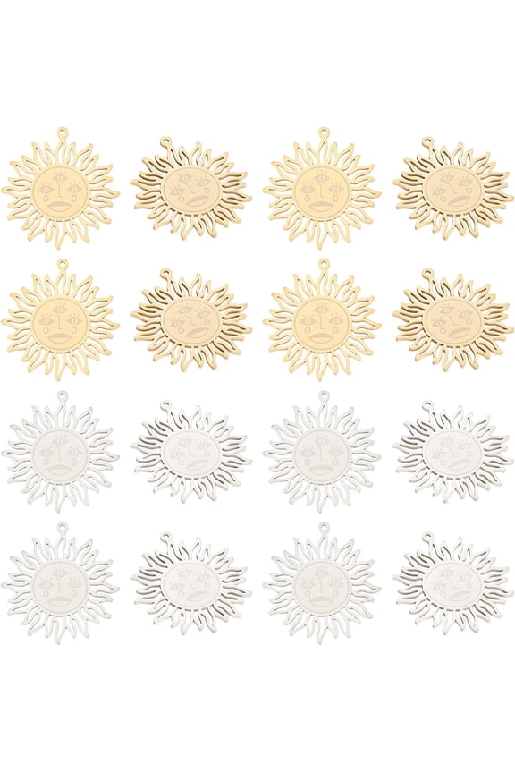 16Pcs 2 Colors Sun Pendant Stainless Steel Small Sunshine with Crying Face Pendants Golden Hollow Celestial Pendants for DIY Necklace Bracelet Jewelry Making Hole: 1.4mm