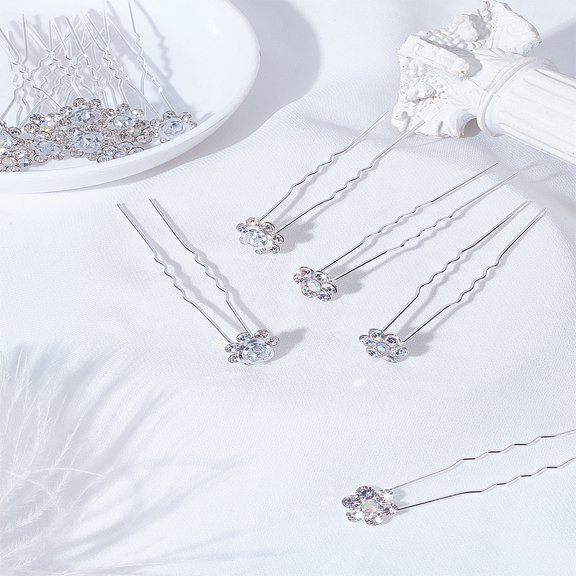 16Pcs 2 Colors Wedding Bridal Iron Hair Forks with Rhinestone Flower Silver Color Plated Mixed Color 67~68mm 8pcs/color