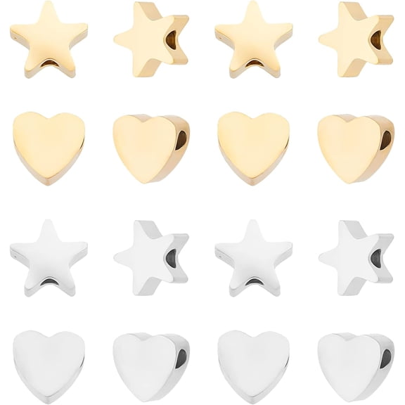 16Pcs 2 Style 2 Colors Stainless Steel Heart Beads Star Beads Small Hole Beads Metal Spacer Beads Loose Beads for Jewelry Making DIY FindingsHole:2mm