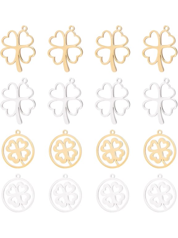 16Pcs 2 Style Stainless Steel Hollow Four Leaf Clover Pendant St Patrick's Day Pendant Good Luck Charm Irish Shamrock Shape Pendant for DIY tune Charm for DIY Jewelry Making Craft