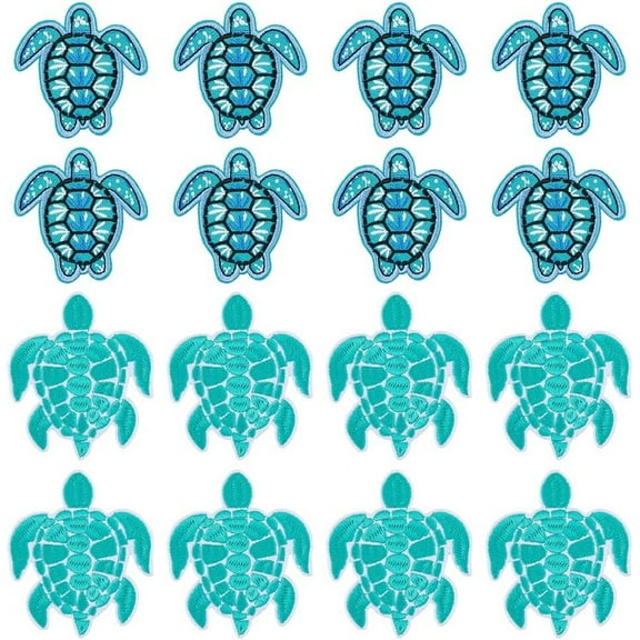 16Pcs 2 Styles Animal Appliques Polyester Iron Patches Cute Tortoise Sew on Patches Blue Sea Turtle Embroidered Patch for Hat Bag Clothing Embellishments colorful DIY