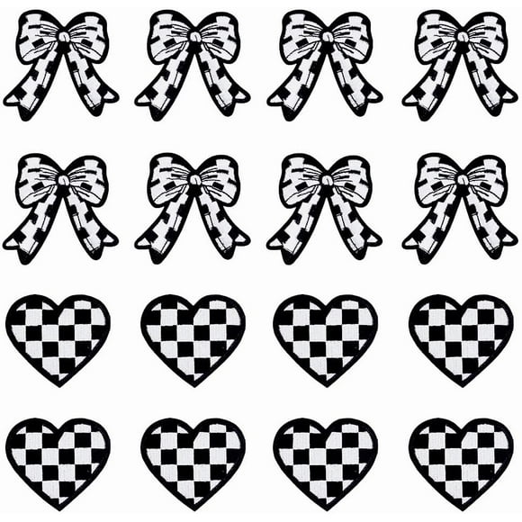 16Pcs 2 Styles Computerized Embroidery Cloth Self Adhesive Patches Stick On Patch Costume Accessories Appliques Tartan Heart & Bowknot Black 60~73.5x65~75x1~2mm