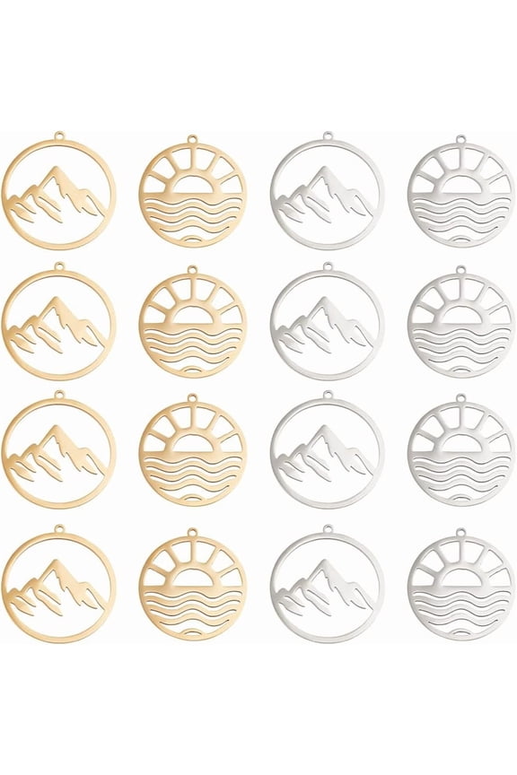 16Pcs 2 Styles Flat Round with Mountain Charm Hollow Sun Charm Stainless Steel Dangle Pendant for DIY Jewelry Making Gifts for Camp Lover Hole: 1.4mm Multi-color