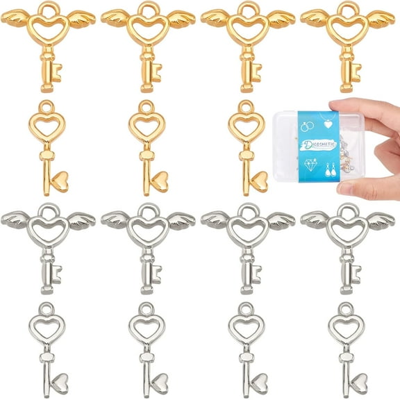 16Pcs 2 Styles Key Charms 2 Colors Flying Key Charms Stainless Steel Key with Heart and Angel Wing Charms Golden Hollow Keys Chams for Jewelry Making Hole: 1.5~2.5mm
