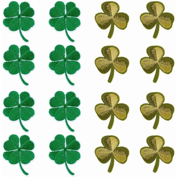 16Pcs 2 Styles Leaf Clover Patches Iron On Saint Patrick's Day Embroidery Green Lucky Appliques Cloth Shamrock Patch for Clothes Garment Sewing Hats Backpacks Decoration DIY Craft Supply Brown