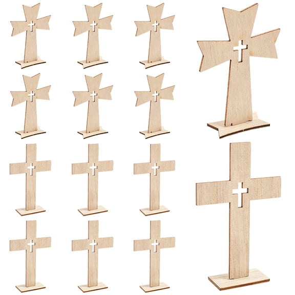 16Pcs 2 Styles Wooden Standing Crosses Wood Table Decor Easter Unfinished Blank Baptism Wall Crucifixes with Stands DIY