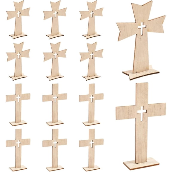 16Pcs 2 Styles Wooden Standing Crosses Wood Table Decor Easter Unfinished Blank Baptism Wall Crucifixes with Stands