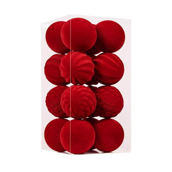 16Pcs 3.15 inch Red Velvet Flocked Christmas Ball Ornaments, Multi-Style Hanging Decor, Festive Baubles for Xmas Tree Decoration